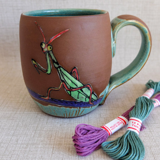 Praying Mantis Insect Illustration, Handmade Mug, Red Clay