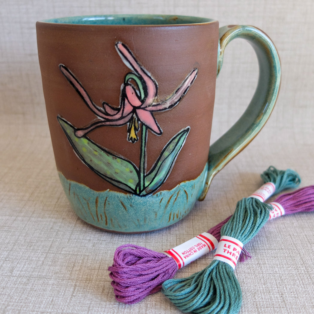 Pink Trout Lily Botanical Illustration, Handmade Mug, Red Clay