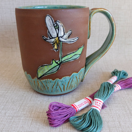 White Trout Lily Botanical Illustration, Handmade Mug, Red Clay
