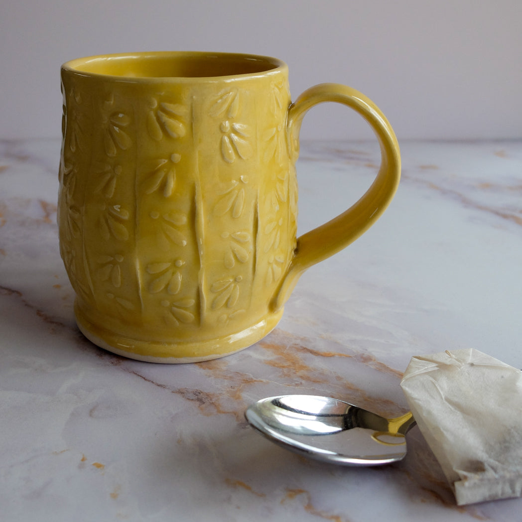 Stamped and Textured Yellow Handmade Mug